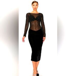 VELVET SHEER CONTRAST HOLIDAY MIDI DRESS